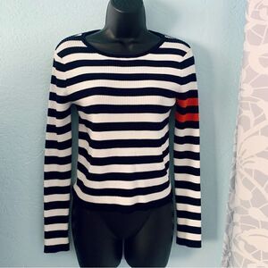 Forever 21 Navy Blue & White Striped Knit Varsity Sweater Size Large